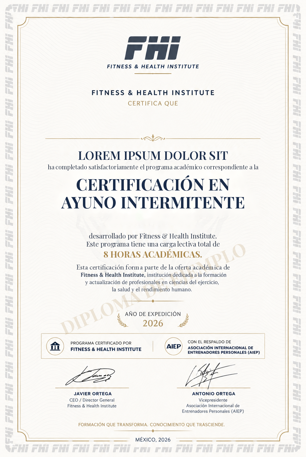 Ejemplo del diploma de la Certificación en Ayuno Intermitente de FHI